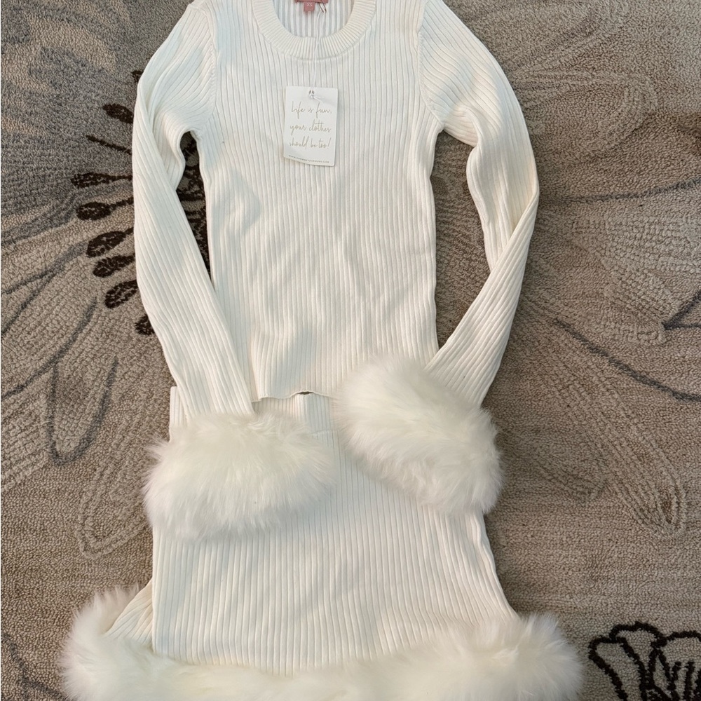 Show Me Your MuMu Cream Ribbed top and skirt with Faux Fur Trim